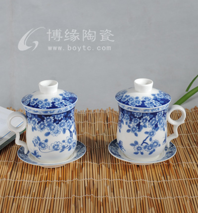 蝶戀花情侶杯套組德化白瓷青花過濾四件杯套組