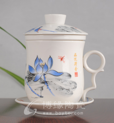品悅荷香青花四件杯德化陶瓷過濾杯托四件杯家居辦公室青花水杯