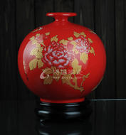 红釉花瓶大金牡丹德化陶瓷高温红釉家居办公商务礼品工艺摆件