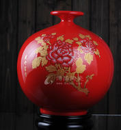 红釉花瓶金牡丹德化陶瓷高温红釉家居办公商务礼品工艺摆件