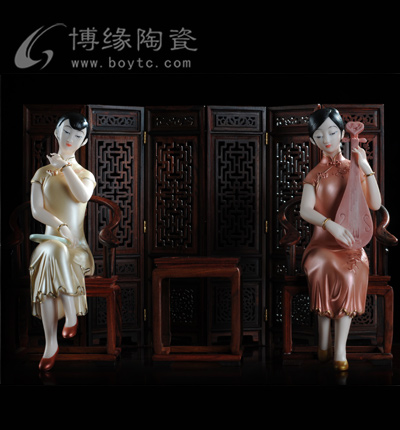 梦江南1德化陶瓷彩色古典仕女美女人物雕塑弹奏乐器家居办公工艺摆件