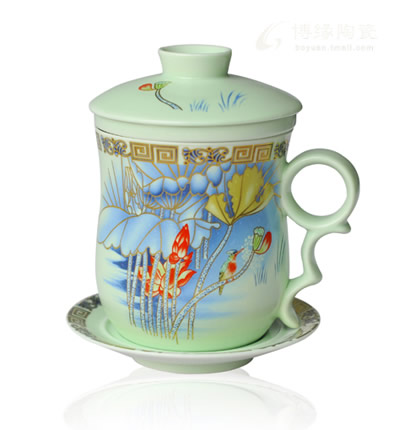 淺綠亞光金荷花四件杯