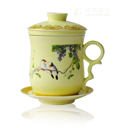 淺黃亞光花鳥四件杯