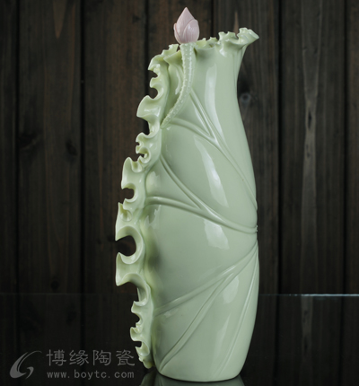 精品大師荷葉瓶活動價:499,德化陶瓷荷葉花瓶插花家居辦公會所軟裝飾桌面工藝品擺件
