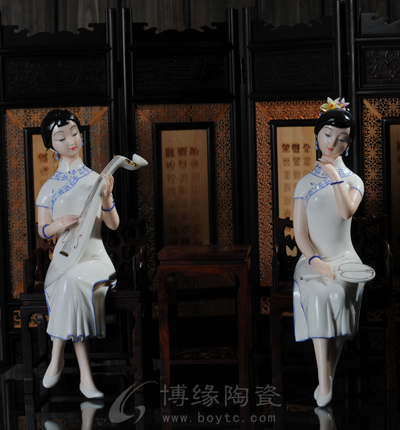 金秋舒雅(青花)德化陶瓷古典仕女美女人物樂器雕塑工藝品擺件
