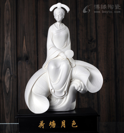 12寸荷塘月色家居裝飾白瓷仕女人物雕塑工藝品美女擺件工藝禮品福建省工藝美術師—林建平