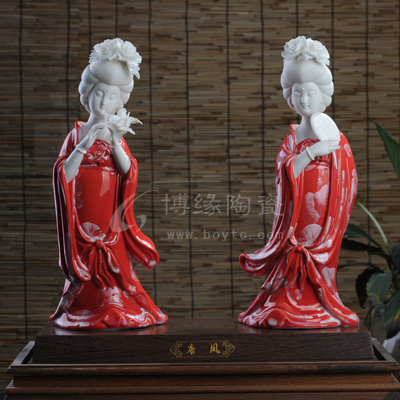 唐風德化白瓷紅釉古典仕女美女擺件一對家居辦公工藝品擺件