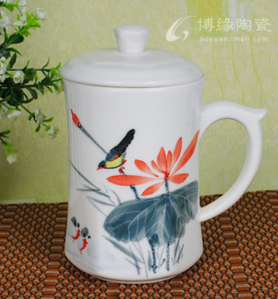 博緣陶瓷杯子個人套杯帶蓋水杯五彩蓮花手繪荷花六角杯