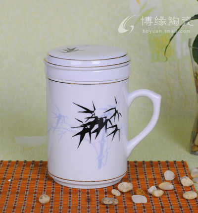 博緣陶瓷杯子個人茶杯帶蓋帶茶漏杯墨竹三件杯