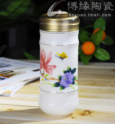 蝶戀花手繪玉瓷養生杯