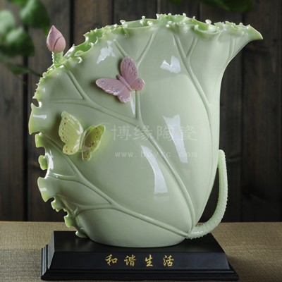和諧生活陶瓷荷葉插花花器現代家居裝飾辦公桌面花瓶結婚禮品