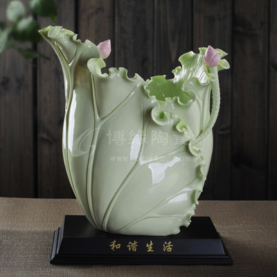 和諧生活陶瓷荷葉插花花器現代家居裝飾辦公桌面花瓶結婚禮品