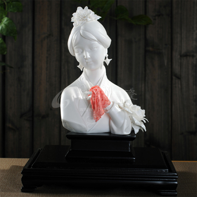 牡丹少女德化白瓷古典美女花卉人物半身像雕塑家居商務禮品
