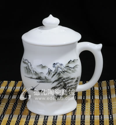 手繪黑山水蓮花杯/德化陶瓷/陶瓷杯子/水杯