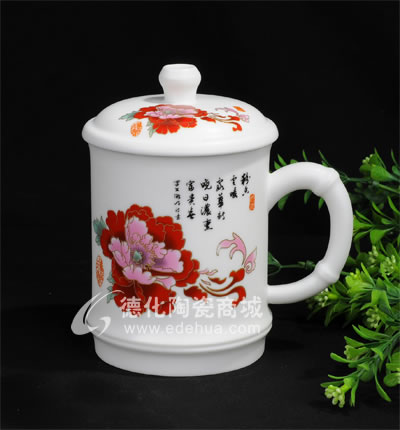 亞光富貴牡丹竹節(jié)杯/德化陶瓷/陶瓷杯子/水杯