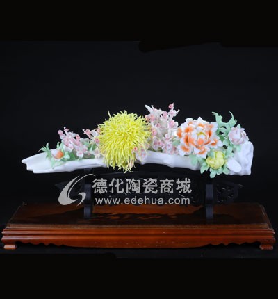 竹報平安(彩)/陶瓷工藝品/德化陶瓷/花卉瓷雕/居家擺件
