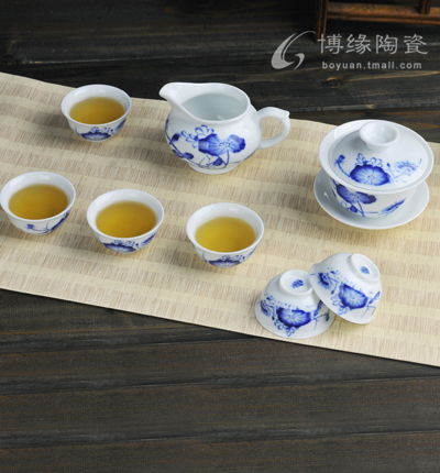 夏荷8入荷花茶具青花功夫茶具蓋碗