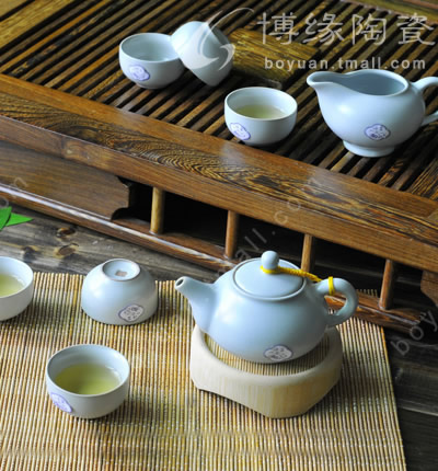 博緣汝窯整套茶具開片釉汝窯茶具月白短嘴壺