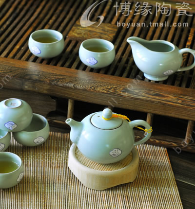 博緣汝窯整套茶具開片釉汝窯茶具天青短嘴壺8入