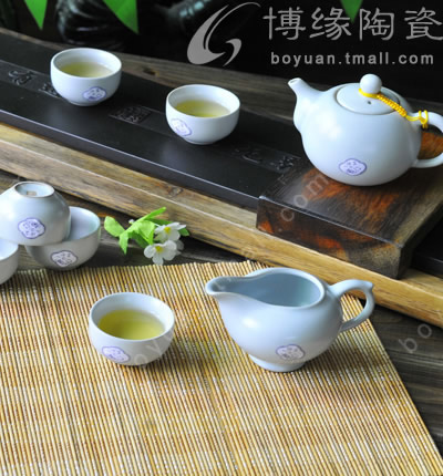 博緣汝窯整套茶具開片釉汝窯茶具月白短嘴壺8入