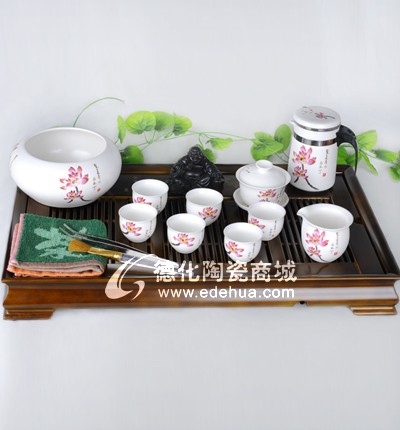 花之君子小茶王杯10入富貴有余木制茶盤組