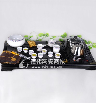 蘭藤花小茶洗13入帶燒水壺雙龍戲珠木制茶盤組
