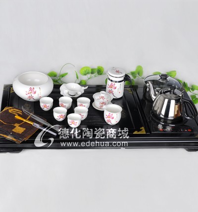 花之君子小茶王杯10入帶燒水壺雙龍戲珠木制茶盤組