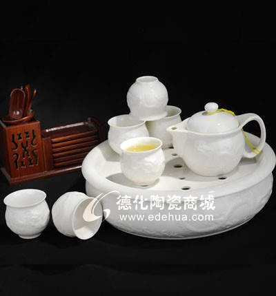 8頭玉瓷浮雕龍大圓盤組/德化陶瓷/陶瓷茶具/大茶盤/普洱茶器