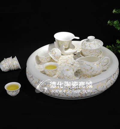13頭白金線花功夫茶具組/德化陶瓷/陶瓷茶具/大茶盤/普洱茶器
