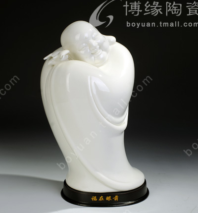 福在眼前(右)德化白瓷傳統人物雕塑彌勒笑佛家居辦公風水招財工藝擺件