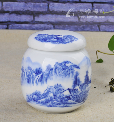 山水茶葉罐青花茶葉罐象牙白瓷茶葉罐玲瓏茶葉罐