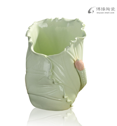 荷葉筆筒三號(hào)德化陶瓷荷葉花瓶時(shí)尚家居擺件辦公室書房高檔工藝品