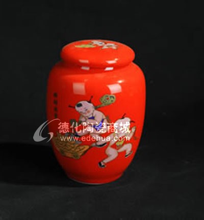 紅釉童子茶葉罐