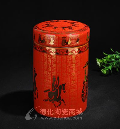紅金馬車圓罐/德化陶瓷/陶瓷茶葉罐