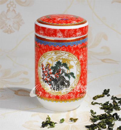 紅松梅竹圓帽茶葉罐/德化陶瓷/茶葉罐/茶具
