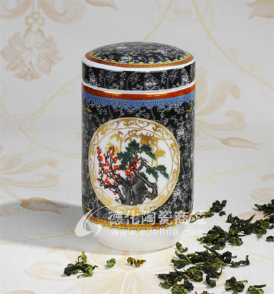 黑松梅竹圓帽茶葉罐/德化陶瓷/茶葉罐/茶具