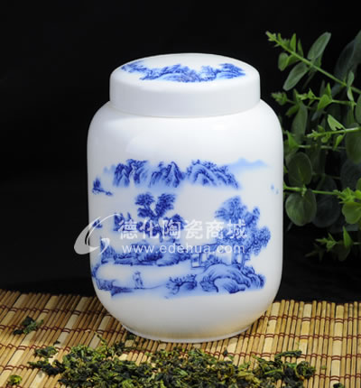 青山綠水天圓茶葉罐/德化陶瓷/茶葉罐/茶具