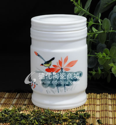 手繪荷花鳥直筒茶葉罐/德化陶瓷/茶葉罐/茶具