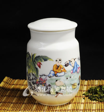 芭蕉童趣頂帽茶葉罐/德化陶瓷/茶葉罐/茶具