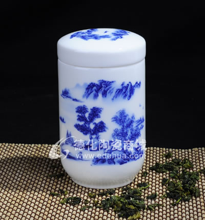 綠水人家圓帽茶葉罐/德化陶瓷/茶葉罐/茶具