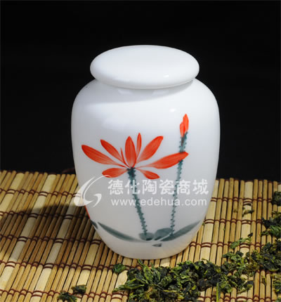 手繪荷花2#茶葉罐/德化陶瓷/茶葉罐/茶具