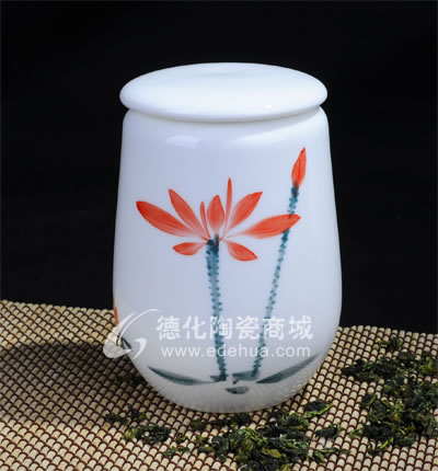 手繪荷花1#茶葉罐/德化陶瓷/茶葉罐/茶具