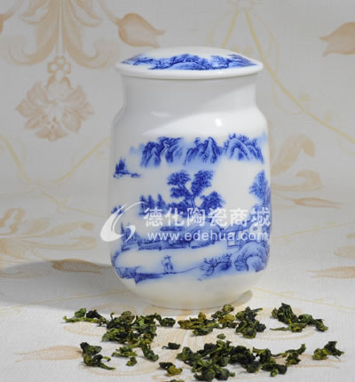 青山綠水頂帽茶葉罐/德化陶瓷/茶葉罐/茶具