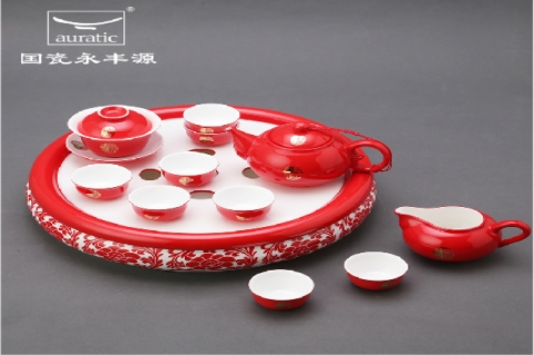 釉下雕花满堂红骨瓷功夫茶具套装整套茶具茶盘