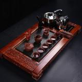 紫砂茶具套裝配貫斗雙龍配花梨嵌烏金石茶盤帶四合一快速電爐