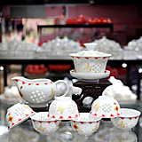 8头景德镇玲珑镂空瓷茶具 福寿釉中彩陶瓷茶具 中国名瓷
