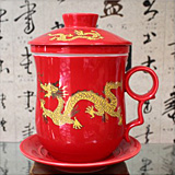 新款紅釉四件杯雙龍戲珠陶瓷個人杯陶瓷辦公杯