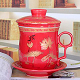 中国名称红釉茶杯 陶瓷过滤泡茶杯 四件套办公杯 陶瓷会议杯