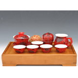 10頭紅金線條高檔紅釉茶具
