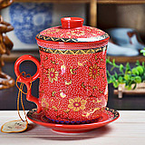 中国红釉个人杯陶瓷办公杯自动过滤杯陶瓷商务杯